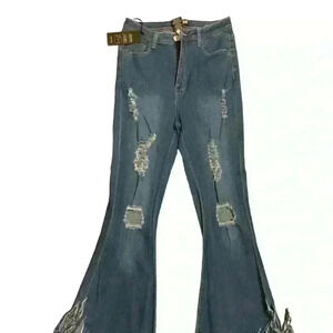 Ladies Ripped Flare Jeans Raw Hem Size L High Waist